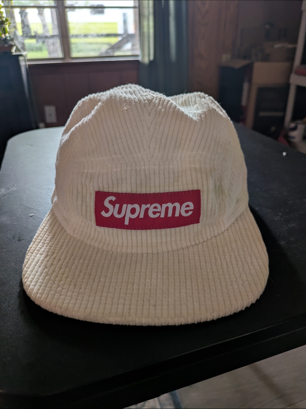 Supreme Cream Corduroy Camp Cap with Red Box Logo Patch